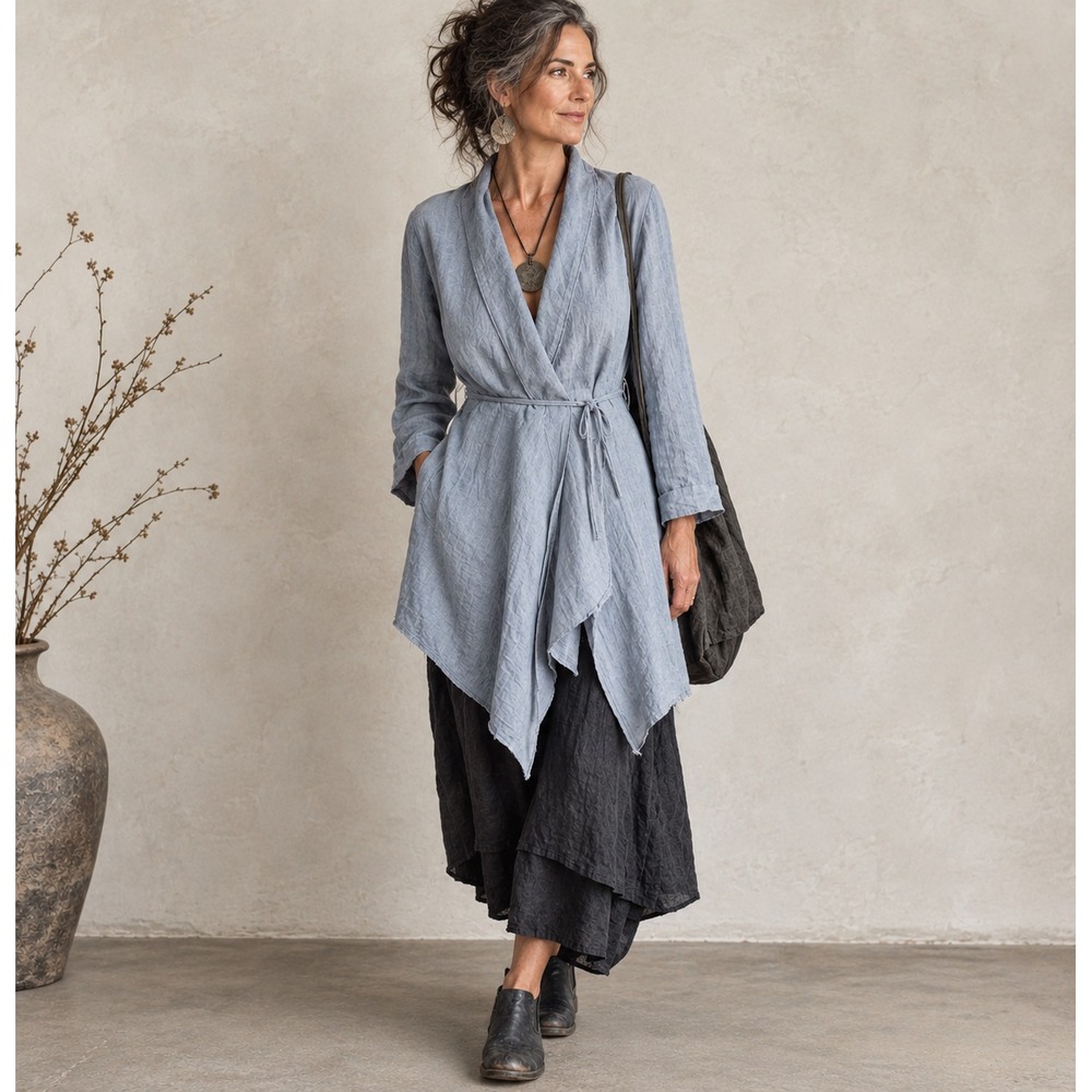 Chalet Et Ceci Lightweight Wrap Jacket Tie Waist Gray Women's XL Lagenlook Artsy